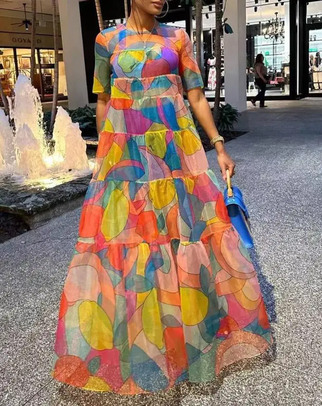 

Women's Casual Dress Fashionable and Elegant Round Neck Minimalist Fruit Print Short Sleeve Maxi Dress Beach Resort Ottd