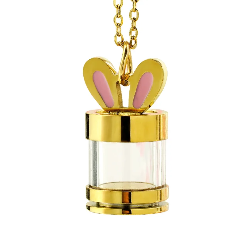 

Stainless Steel Glass Aromatherapy Essential Oil Bottle Necklace DIY Rabbit Ear Wishing Ash Box Pendant Anniversary Party Gift