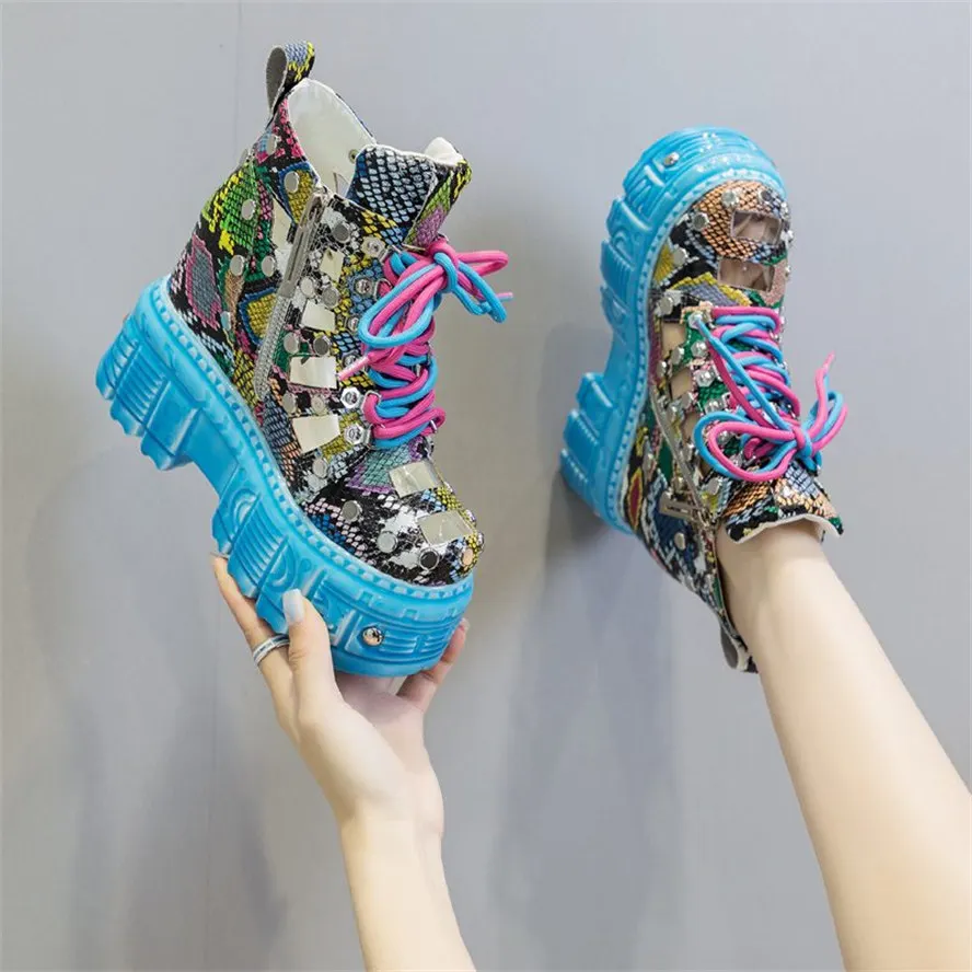 Thick Sole Height Increasing Platform Pumps Women's Snake Pattern Cow Leather Ankle Boots Sandals Wedge High Heels Party Shoe