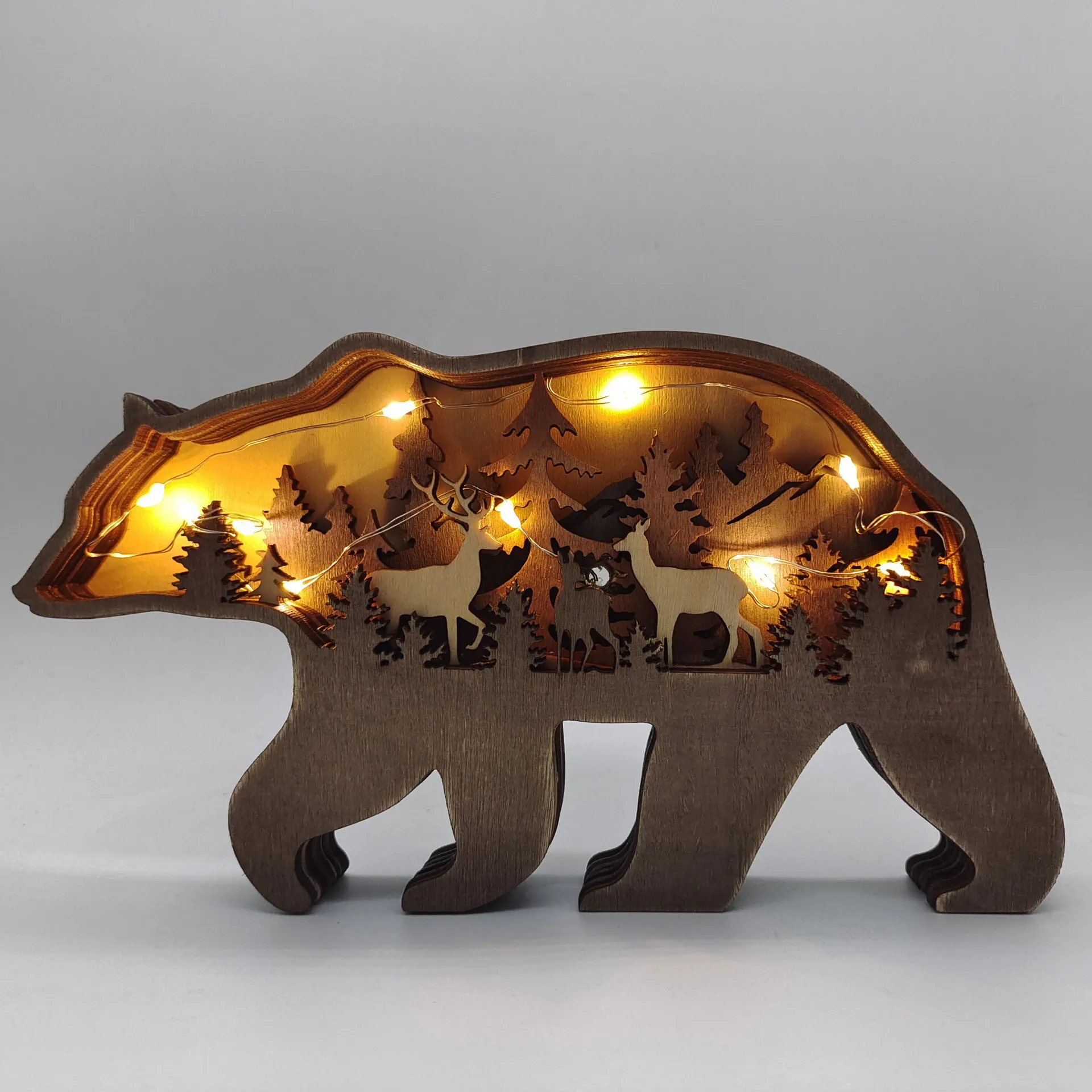 

Handmade Wooden 3D Bear Elk Animal Carving Handcraft with Light Decor For Home Christmas Ornament New Year 2023Xmas Navidad Gift