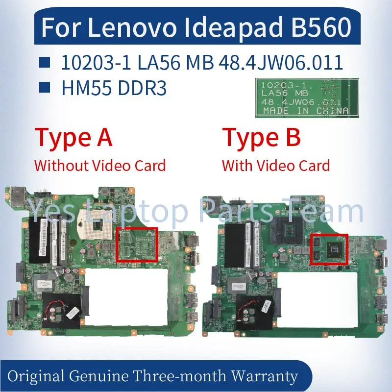 

Материнская плата 10203-1 LA56 для ноутбука Lenovo Ideapad B560 11012613 11012616 11012614 48,4jw06. 011 HM55 DDR3 Материнская плата для ноутбука