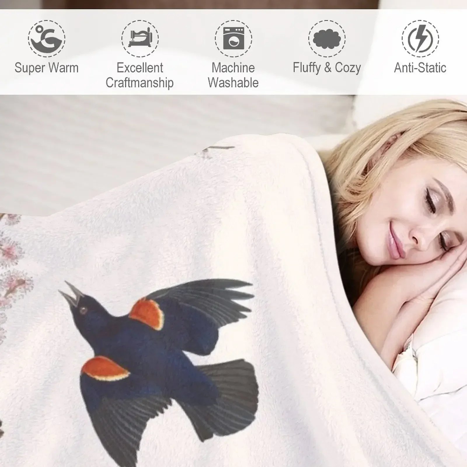 Краснокрылый Черная птица / Винтажные принты и узоры птиц Плед Хэллоуин