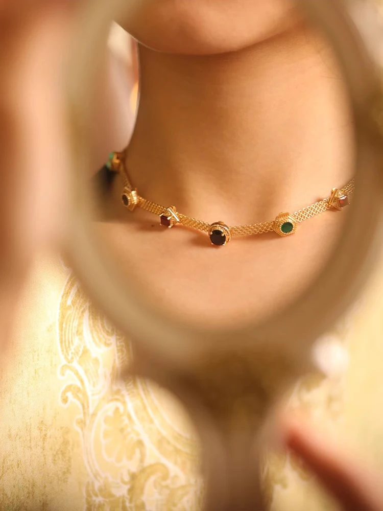 Женское винтажное ожерелье из меди золотистого цвета в стиле ретро с цветными