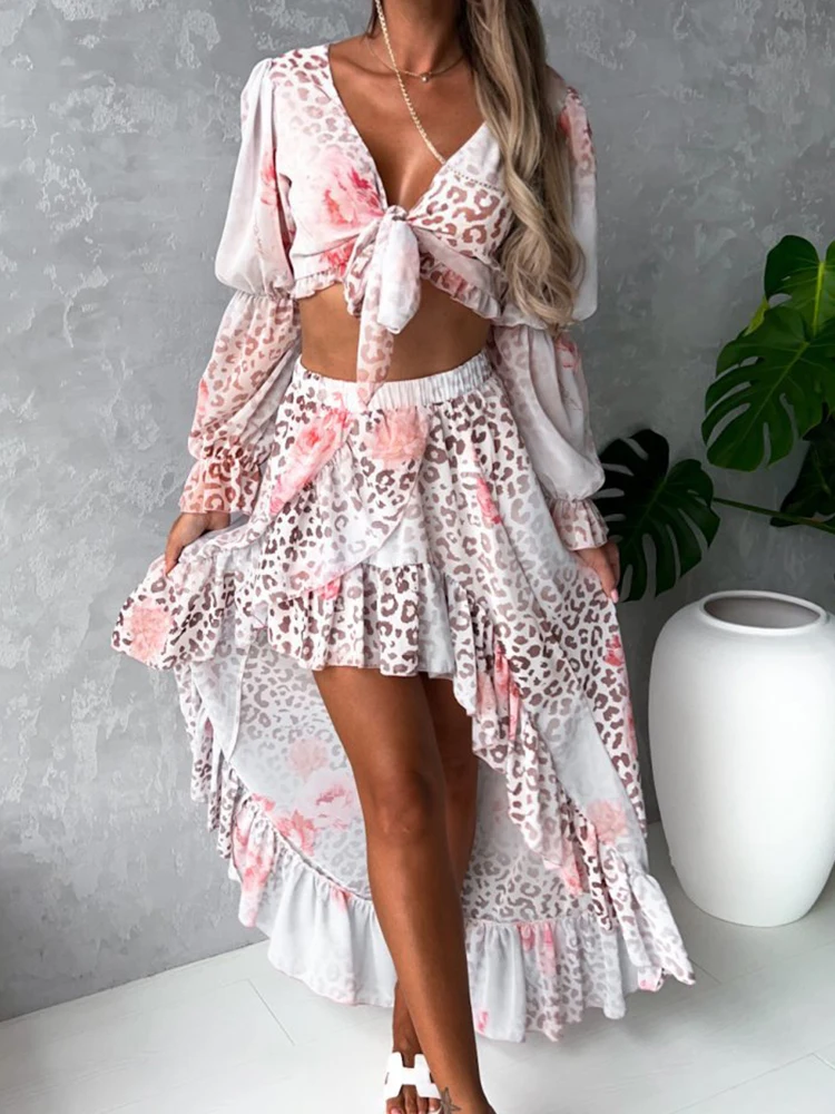 

Summer Elegant Irregular Ruffle Skirts Suits Beach Seaside Fairy Chiffon Boho Print Lace Up Tops + Long Skirts Women 2 Piece Set