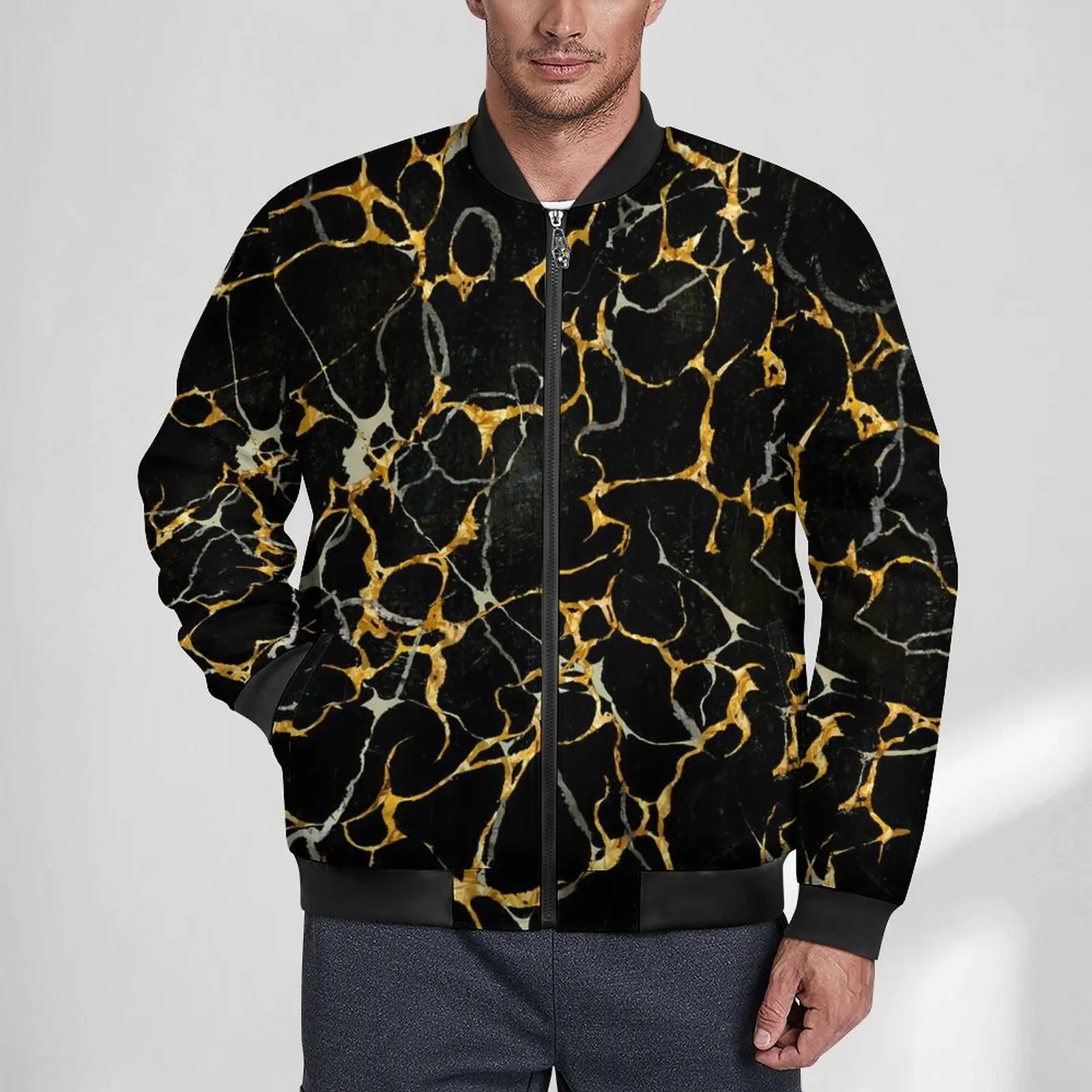 

Modern Marble Casual Jackets Black Gold Zip Up Windbreakers Mens Pattern Coats Winter Cool Loose Jacket Plus Size 5XL