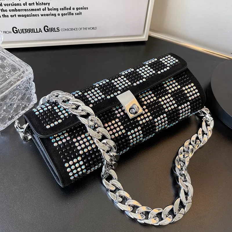 

Flap Square Bag For Women 2022 Brand Designer Luxury Diamond Underarm Bag Female Shoulder Handbags Thick Chain Women's Bags