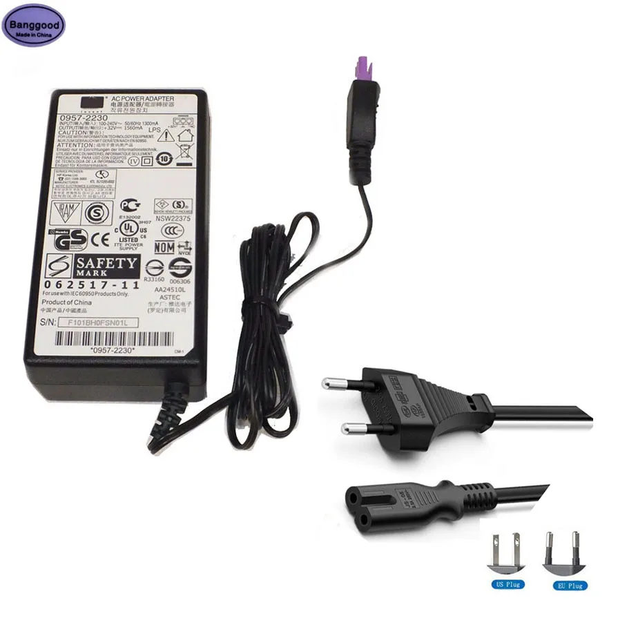 

32V 1560mA 0957-2230 0957-2271 0957-2259 Printer Charger Adapter w/ AC Power Cable for HP Printer 7000 6000 7500 6500 7188 7288