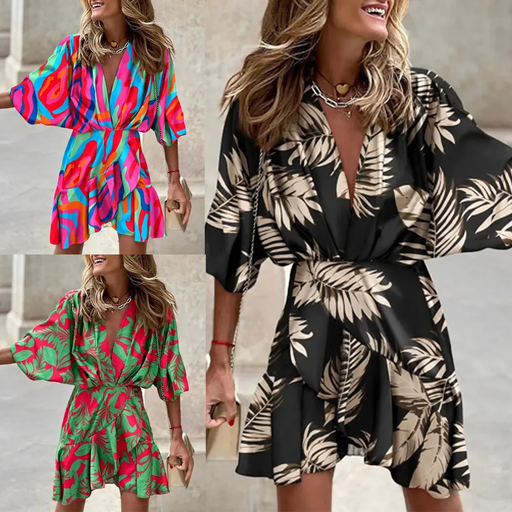 

2023 Spring/Summer New Fashion Elegant Women's Bat Sleeve Pleated V-Neck Hem Irregular Casual Print Design Sense Beach Dress