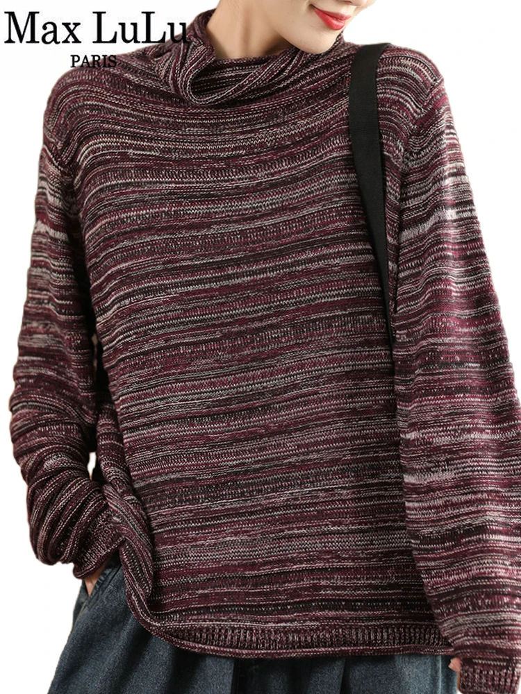 Зимний вязаный пуловер Max LuLu женская модная полосатая водолазка свитера большого