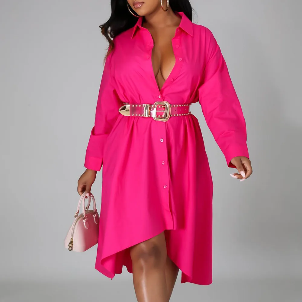 

Women Rose Red Long Sleeve Shirts Dress African 2022 Fall Loose Vestidos Casual Asymmetrical Female Midi Office Lady Dresses