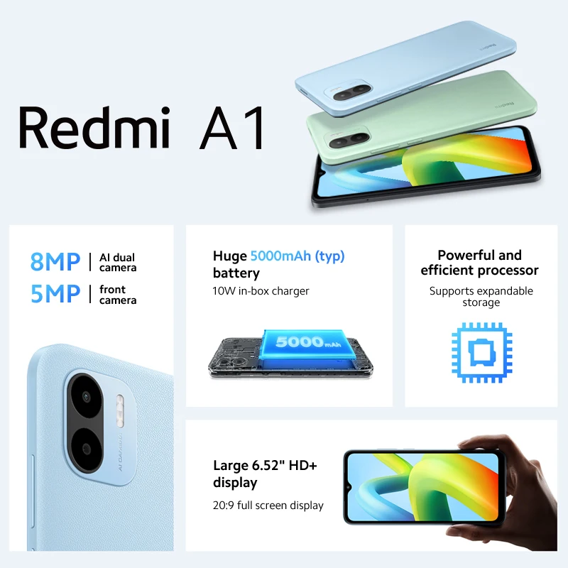 Tanie Xiaomi Redmi A1 Wersja Globalna Smartfon 2GB RAM 32GB ROM MTK Helio A22 8MP Aparat Telefon Komórkowy 5000mAh Bateria A 1 Telefon Komórkowy