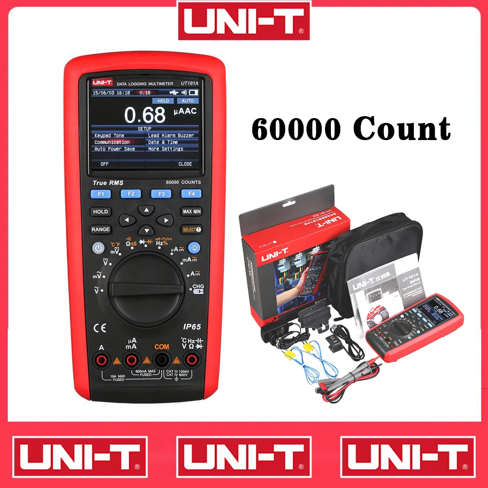 

UNI-T UT181A истинное среднеквадратичное значение, записывающее устройство, мультиметр 60000 отсчетов, цифровой тестер Двойной Температуры, промышленный электрический мультиметр