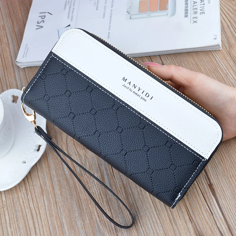 Double Zipper Women Wallet PU Leather Card Holder Long Female Color Matching Lady Cellphone Bag