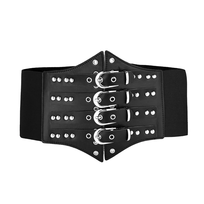 

Vintage Women Faux Leather Waist Corset Elastic Wide Belt Strap Solid Color Waistband for Women Daily Coat Dress T8NB