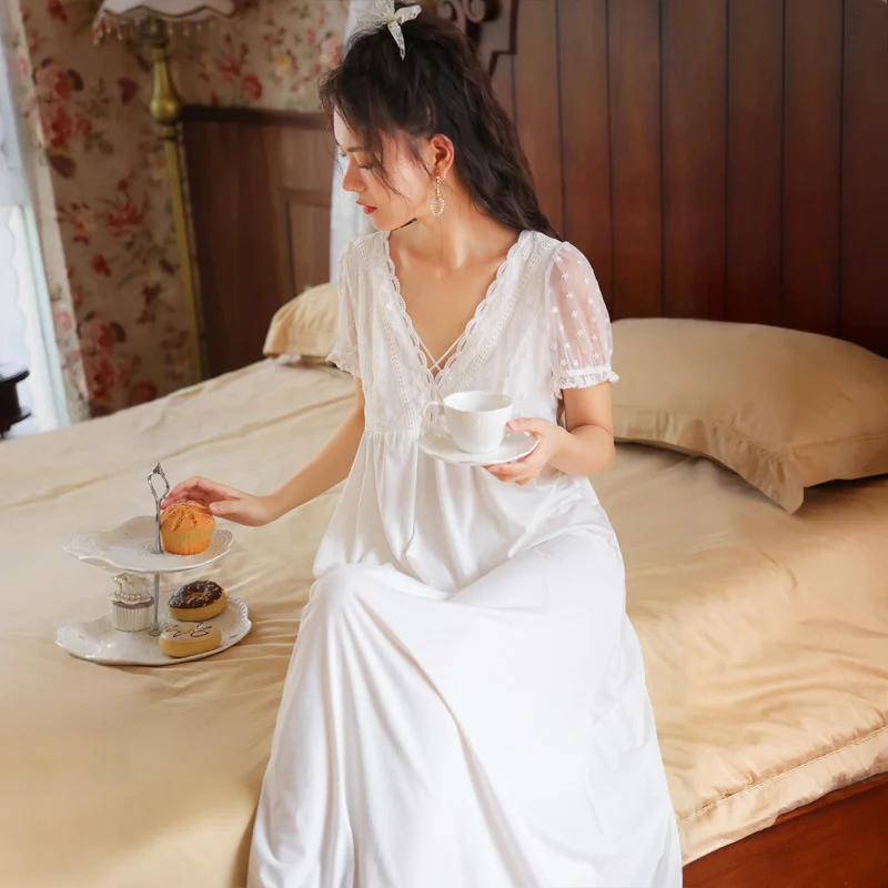 

Short Sleeve Nightdress Women's Summer Cotton Court Style V-neck Sexy Lace Princess Pajamas Can Be Worn Outside Home Clothes