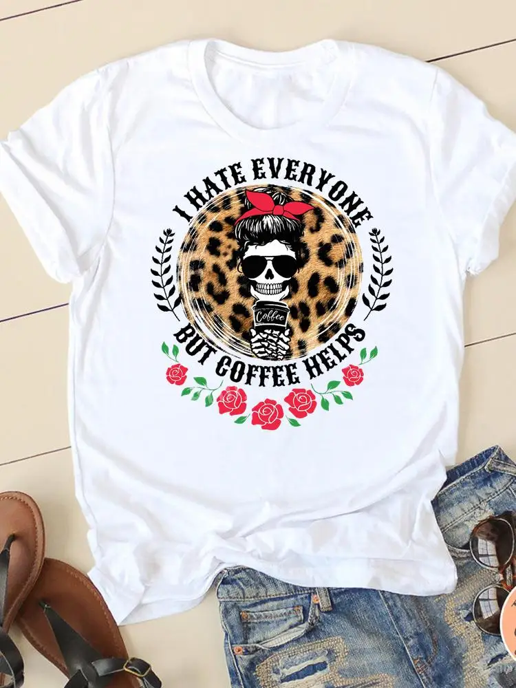

Short Sleeve Ladies Summer Graphic Tee T-shirts Casual Clothing Women Letter Leopard Coffee Funny Fashion Female T Print Clothes