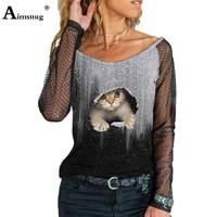 women fashion leisure t shirt long sleeve artistic cats print top female casual t shirt 2022 summer new sexy guaze tees clothing