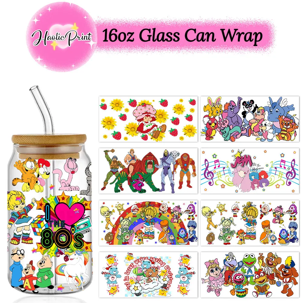 80s Vintage Cartoon UV DTF 16oz Cup Wrap Libbey Glass Plastic Can Wraps Selfadhesive Sticker Ready to Ship Not Included
