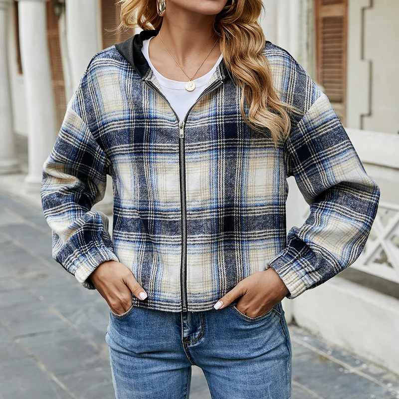 

Spring and Autumn Women's Sweater Hoodie Pocket Jacket Harajuku Clothing Women's Hooded Zipper Plaid Top Girl Korean Version
