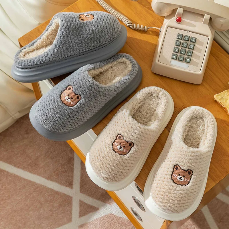 Platform Women Slippers Female Cute Cartoon Winter Plush Anti-slip Thick Sole Home Shoes Slides Family Couples Cotton Slipper