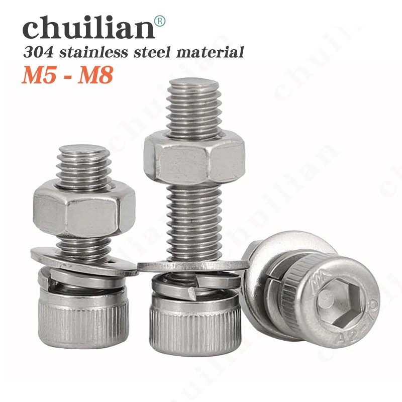 

Hexagon Hex Socket Cup Head Screw Set M3 M4 M5 M6 304 Stainless Steel Machine screw With Spring Washer Plain Washer Hexagon Nut
