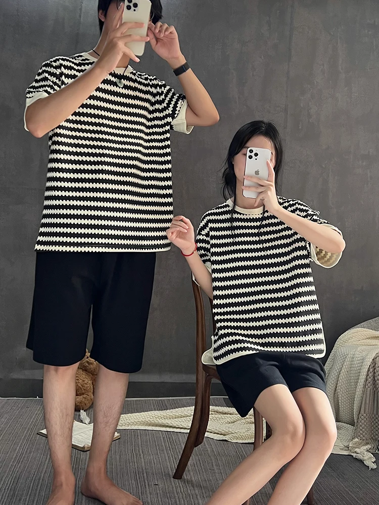 Couple Pajamas Women's Summer Cotton Short sleeve round Neck Home Wear Thin Men's Can Be Worn outside Striped Suit