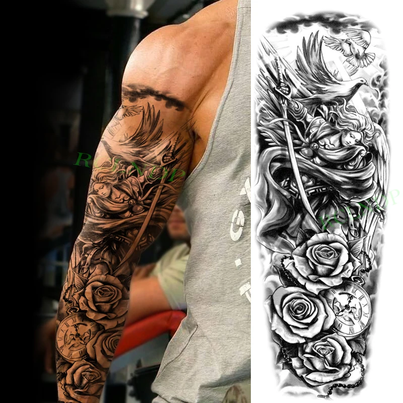Водостойкая временная татуировка-наклейка для женщин воин меч птица роза цветок