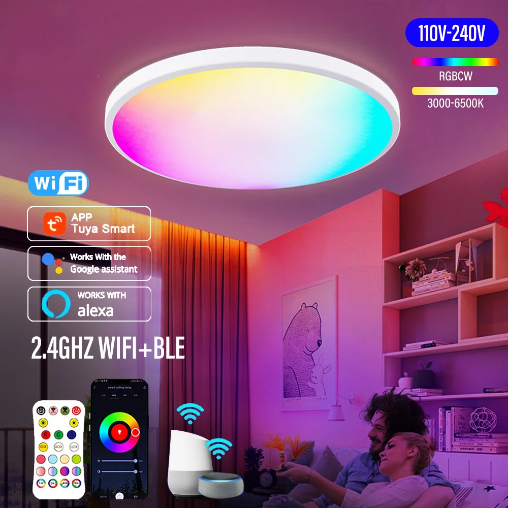 

Современные потолочные лампы RGBCW, светодиодная лампа для умного дома, с Wi-Fi, голосовым управлением через приложение, с Alexa Yandex, для домашнего декора, 24 Вт
