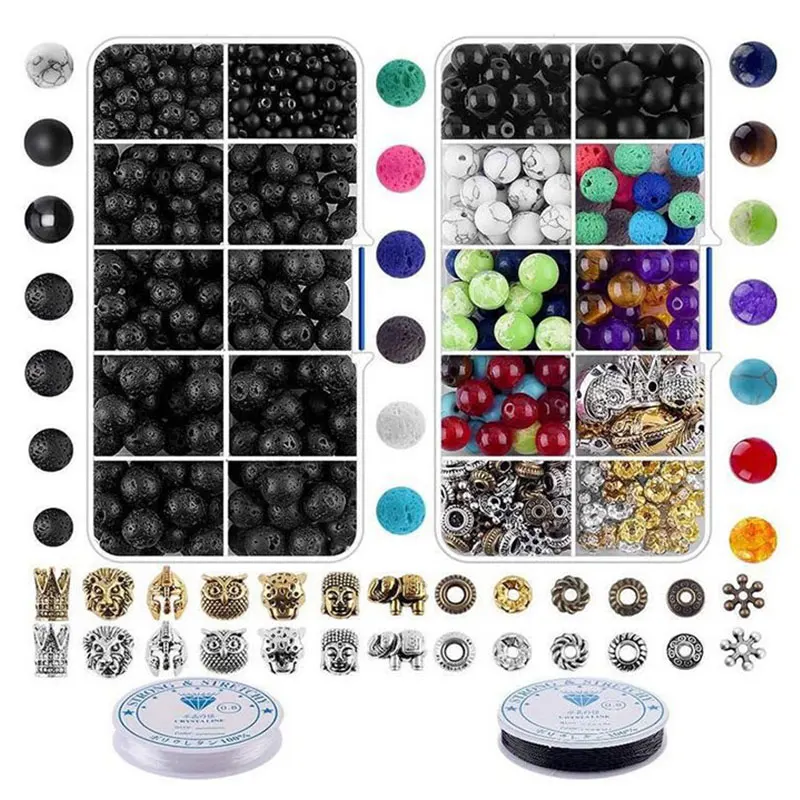 

Round Natural Volcanic Lava Stone Beads Set Box For Bracelet Jewelry Making Needlework DIY Finding Loose Spacer Bead Thread Kit