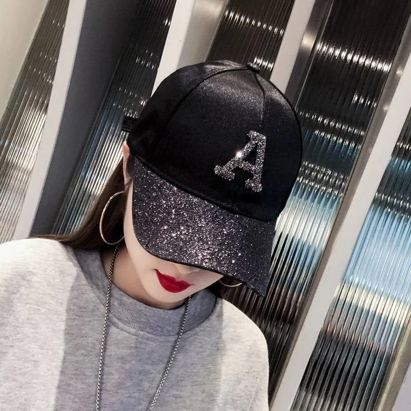 

Women's Rhinestone Sequin Letter A Baseball Cap for Girl Summer Outdoor Snapback Cap Adjustable Sun Hats Fashion Hip Hop Dad Hat