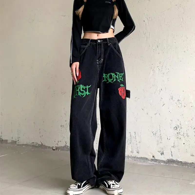 womens tide brand ins rose letter jeans american y2k retro street washed straight pants men and women hot selling new free global shipping