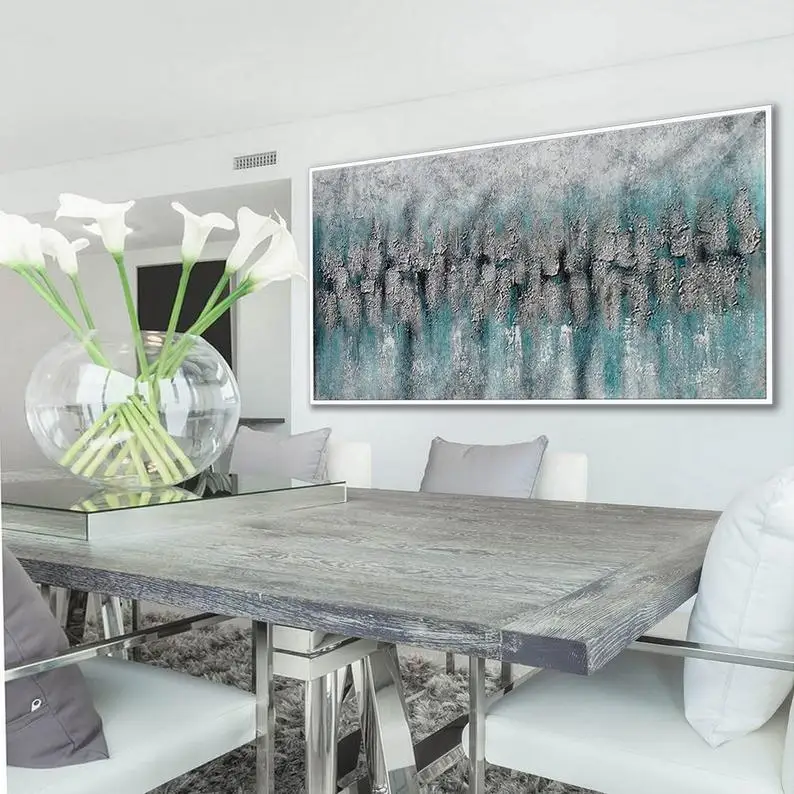 

Textured Extra Large Panoramic White Silver Leaf Minimal Simple Easy Abstract wall Oversize Acrylic Minimalist Canvas Painting