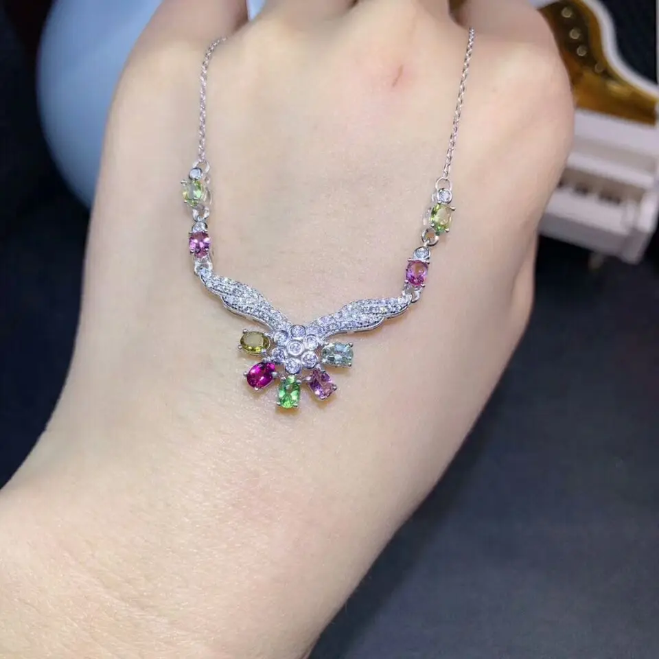 

[MeiBaPJ]Brazil Multicolor Tourmaline Flower Pendant Necklace with Certificate 925 Pure Silver Fine Charm Jewelry for Women