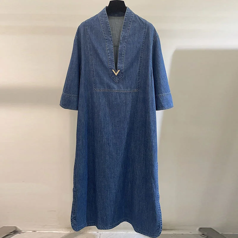 

Women 100%Cotton Blue Denim Dress Fashion Deep V-Neck Three-quarter Sleeve Maxi Straight Dresses Y2K New Slimming Clothes Ladies