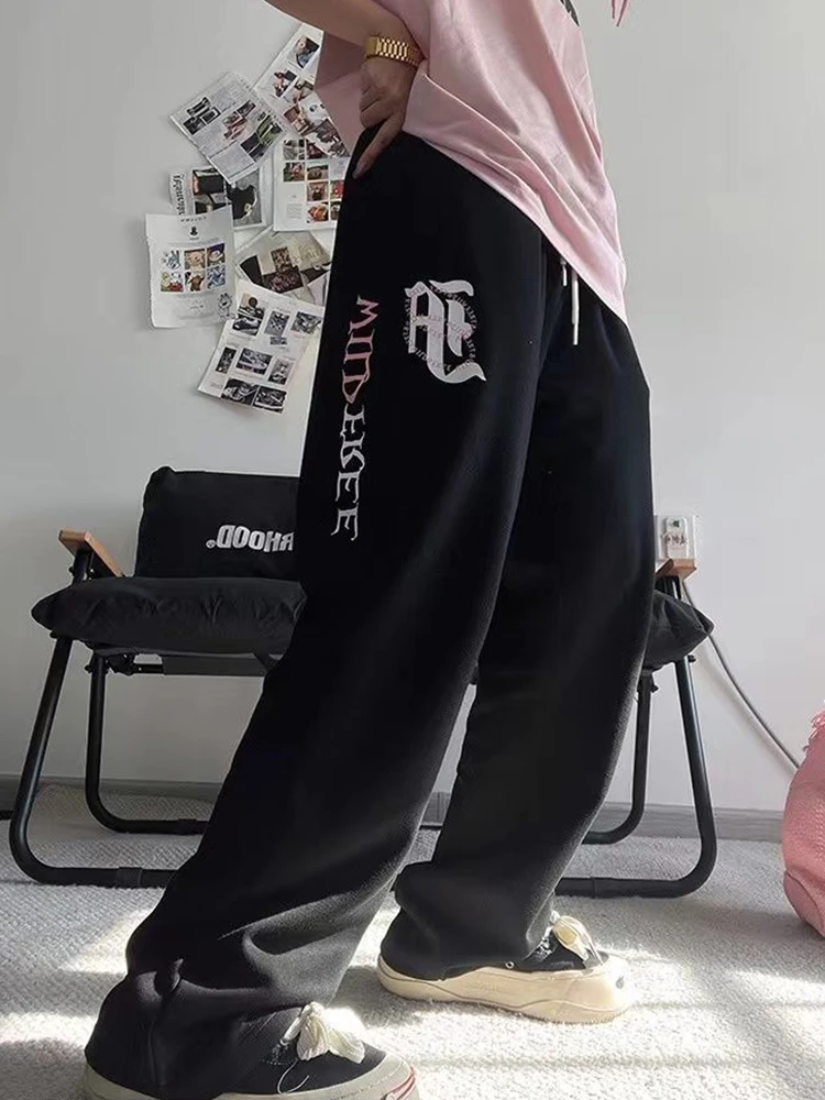 

Streetwear Gothic Letter Print Elastic Waist Women Pants Y2k Clothes Versatile Straight Baggy Pants Korean Fashion Trousers