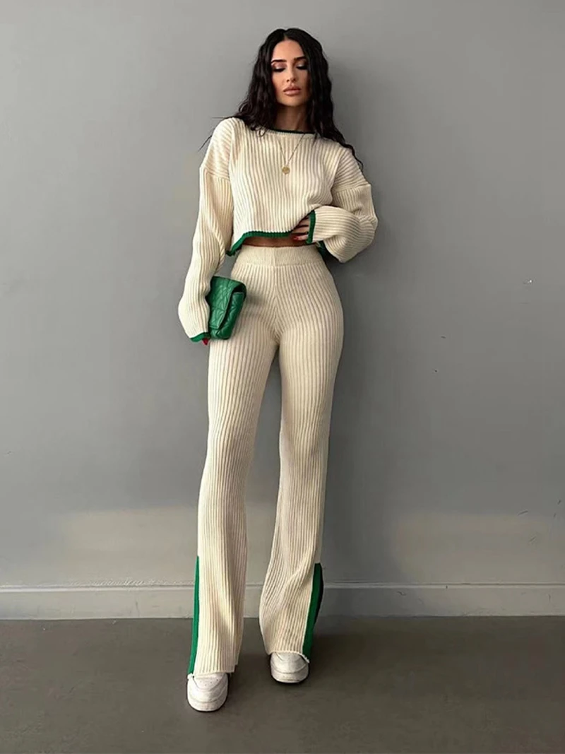 

Knit Two Piece Set Women Casual Panelled Autumn Winter 2023 Sweater Crop Top Side Split High Waist Pants Suits Female Tracksuits