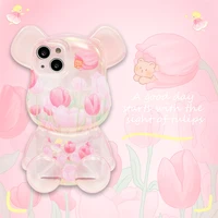 fashion trends cartoon bear fresh tulip flower cover for iphone 11 12 13 pro max x xr xs shockproof phone case iphone 13 case