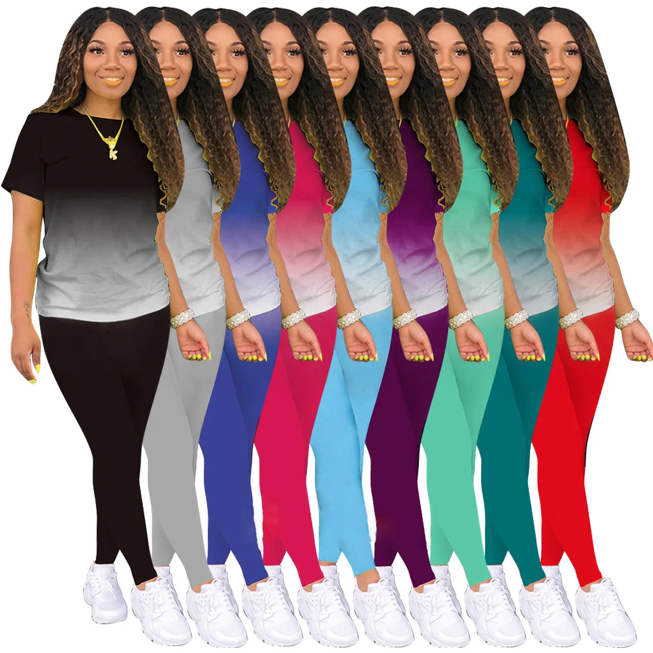 

Print Gradient Two-Piece Set Short Sleeve S-5XL Women Fashion Plus Size Casual
