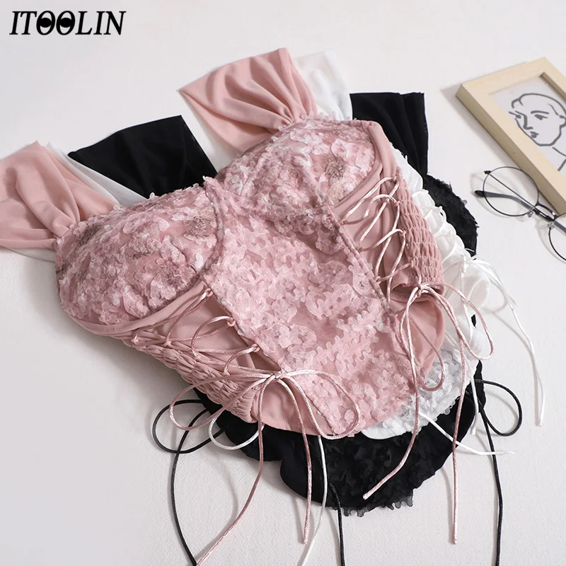 

ITOOLIN Sexy Women Lace Tank Tops With Bra Pad Y2K Crop Tops Summer Irregular Tops Cute Backless For Women Camisole Streetwear