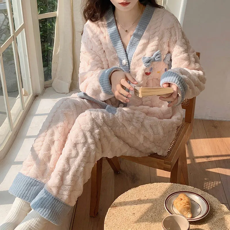 

Kawaii Sanrio Cinnamoroll Cartoon Women's Pajamas Autumn and Winter New Ins Coral Fleece Plus Velvet Thickened Warm Home Suit