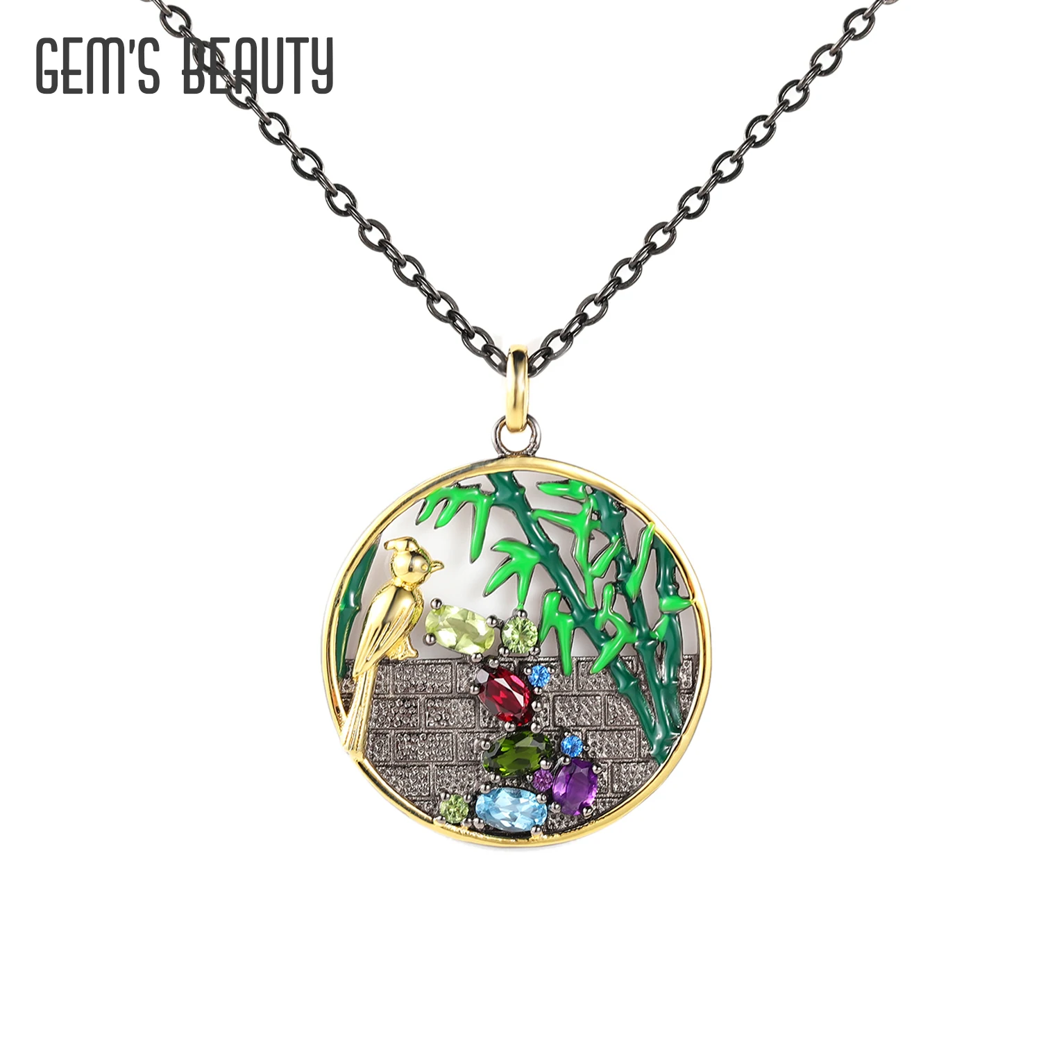 

GEM'S BEAUTY 925 Sterling Silver Natural Gemstones Necklace Bamboo Bird Enamel Handmade Pendant Necklace For Women Fine Jewelry