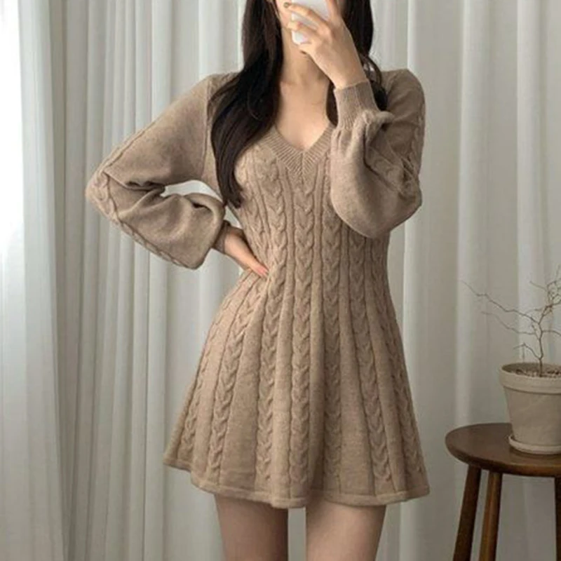 

Woman Solid Mini Dress A Line Flared Long Sleeves Knitted Dress Women Basic Autumn Winter Streetwear Chic Vintage Dress Robe