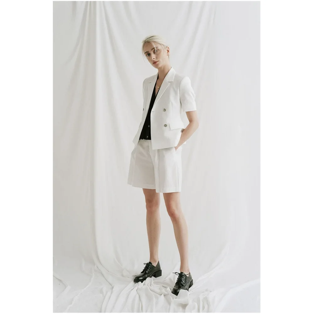 

Latest Summer Female Office Uniform 2 Pieces Women's Suits White Linen Jacket with Short Sleeves and Flap Pockets Blazer Skinny