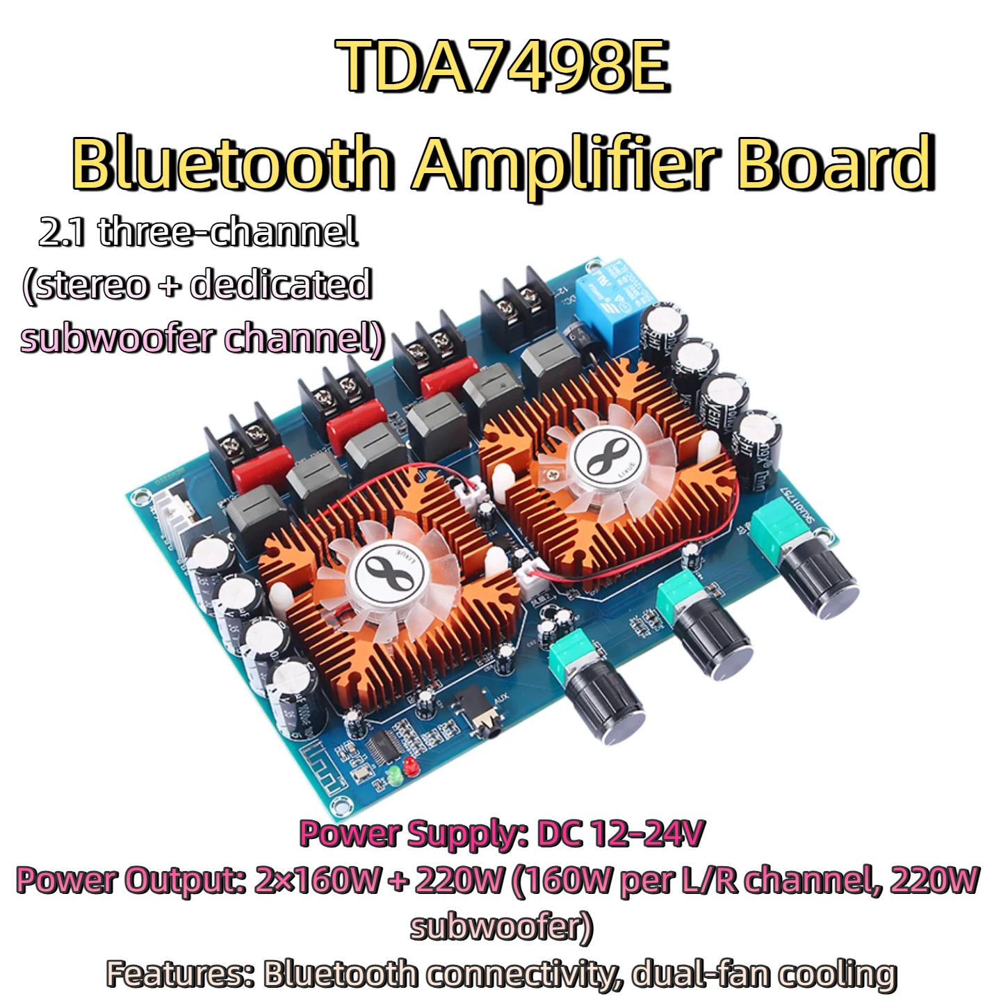 Фото Плата цифрового усилителя Bluetooth, 2.1-канальный аудиомодуль усилителя TDA7498E, 2x160 Вт + 220 Вт сабвуфер, корпус в комплект не входит. №1