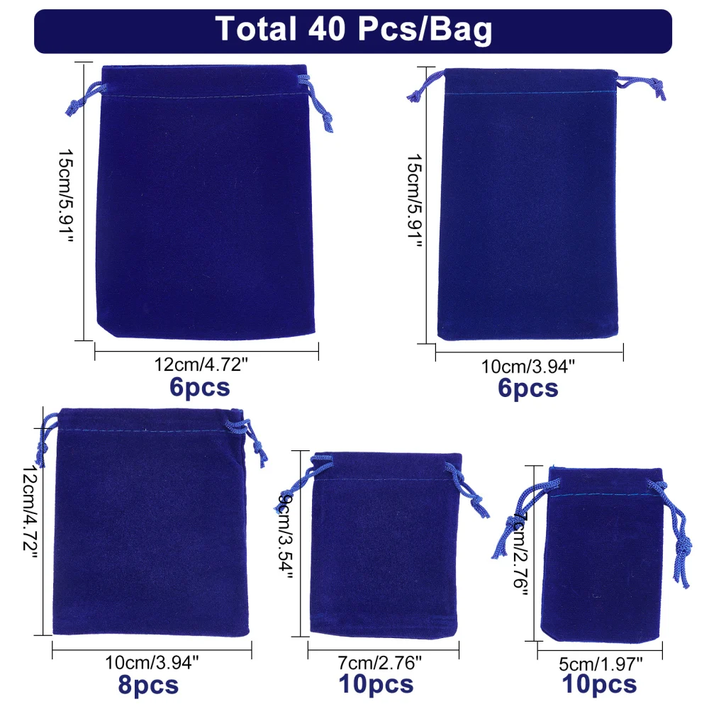 40Pcs Dark Blue Velvet Pouches Portable Drawstring Bags Jewelry Storage Sack Party Wedding Christmas Favors Packing Gift Bag