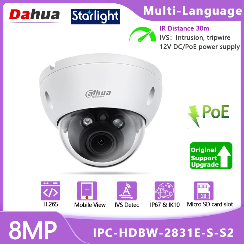 

Dahua Vandal-proof 8MP Starlight IPC-HDBW2831E-S-S2 Video Surveillance IR30M WDR H.265+Color Night Vision POE IP Camera Outdoor