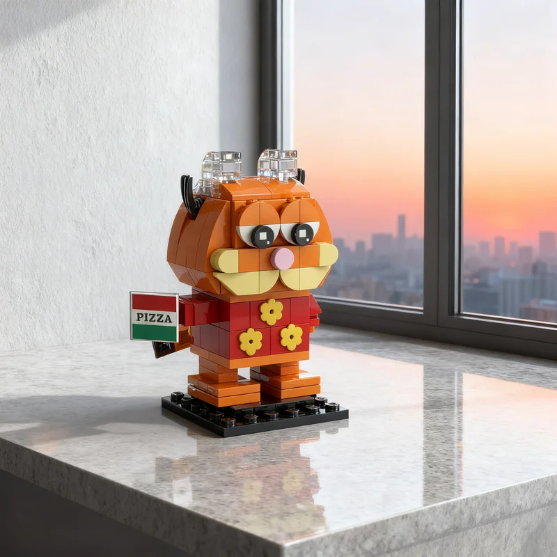 Фото Набор строительных блоков MOC Garfield Pizza Time Edition Headz, 139 деталей, коллекционная модель, конструктор, подарок для фанатов №1