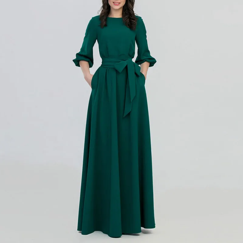woman 2021 New Round Neck Long Dress Bohemian Retro Lantern Sleeve Casual Dress One-piece Dress