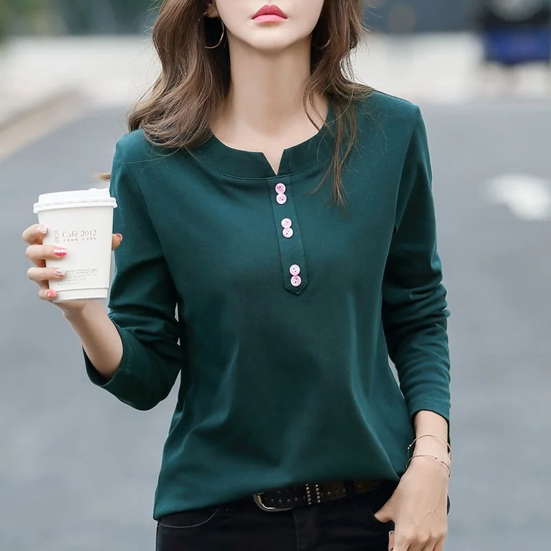 

Office Lady Fashion Long Sleeve Solid Slim V-Neck Loose Korean Style Plus Size Tops 3 Colors Woman Cotton T-Shirt Pullovers New