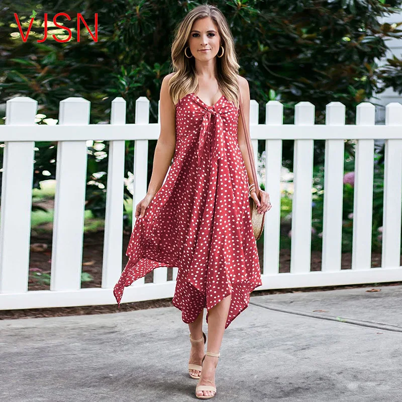 

Женское пляжное платье в горошек VJSN, Пляжное Платье на бретельках, женский сарафан средней длины, асимметричное сексуальное платье с открыт...